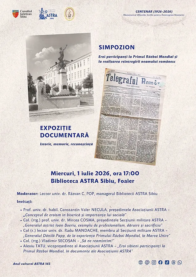 Biblioteca ASTRA marchează Centenarul Monumentului Ofițerilor Jertfiți pentru Întregirea Neamului